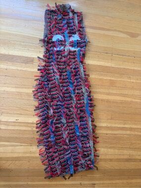 Ego cut-out body con colorful fringe maxi knit dress peek-a-boo sexy avant garde